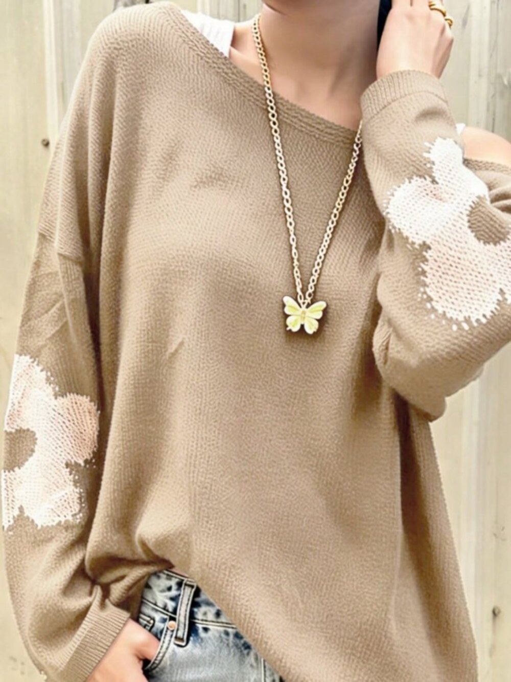 Khaki Casual Women's Regular Fit Round Neck Long Sleeve Knit Pullover Top